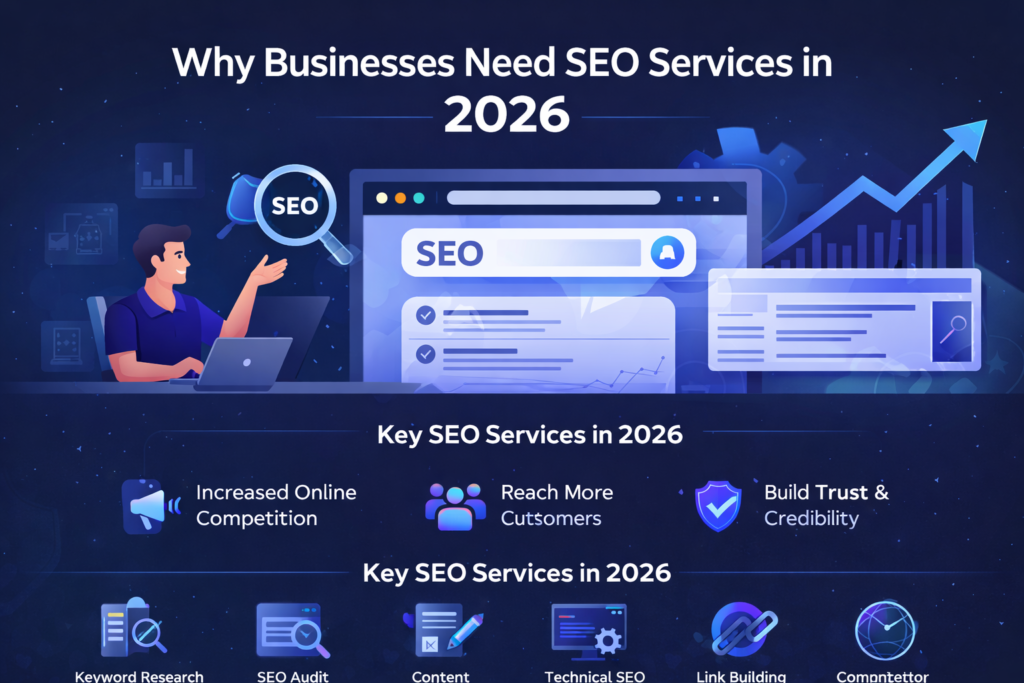 Illustration showing why businesses need SEO services in 2026 including keyword research, SEO audit, technical SEO, content optimization, and link building for online growth