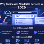 Illustration showing why businesses need SEO services in 2026 including keyword research, SEO audit, technical SEO, content optimization, and link building for online growth