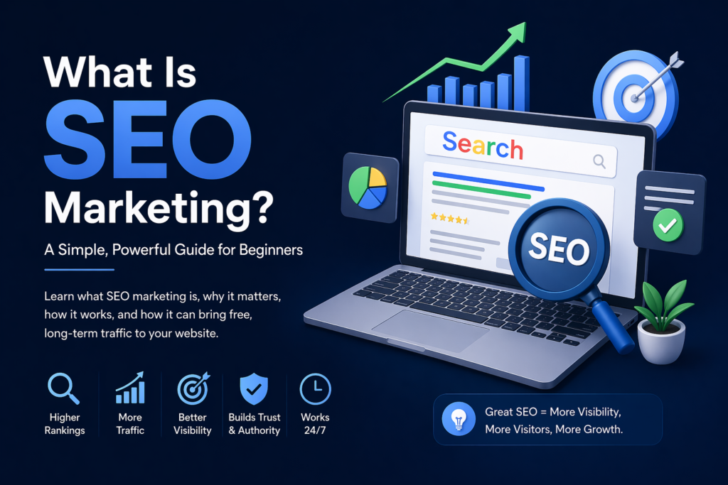 What Is SEO Marketing - A beginner's guide infographic showing search engine optimization concepts with laptop, search bar, rankings chart, and SEO icons