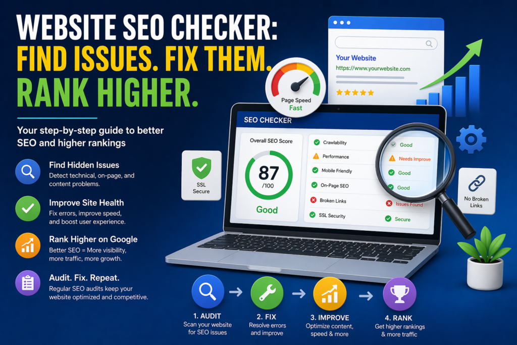 Website SEO checker infographic showing SEO score 87/100 with crawlability, mobile-friendly, broken links and SSL checks on a laptop dashboard
