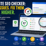 Website SEO checker infographic showing SEO score 87/100 with crawlability, mobile-friendly, broken links and SSL checks on a laptop dashboard