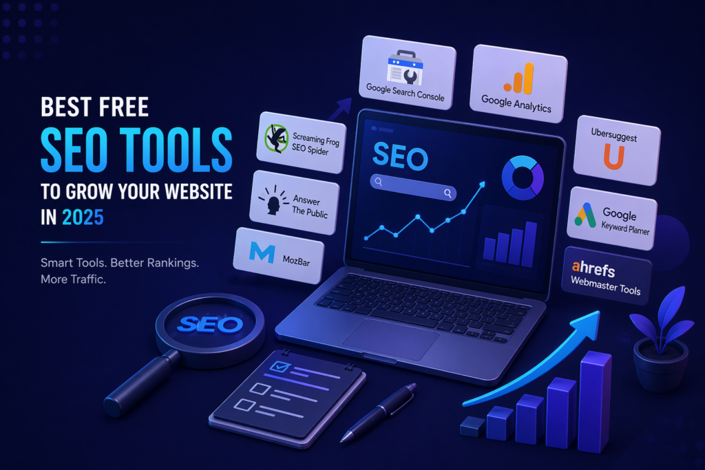 Best free SEO tools including Google Search Console, Ahrefs, Ubersuggest, MozBar, and more displayed around a laptop