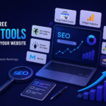 Best free SEO tools including Google Search Console, Ahrefs, Ubersuggest, MozBar, and more displayed around a laptop