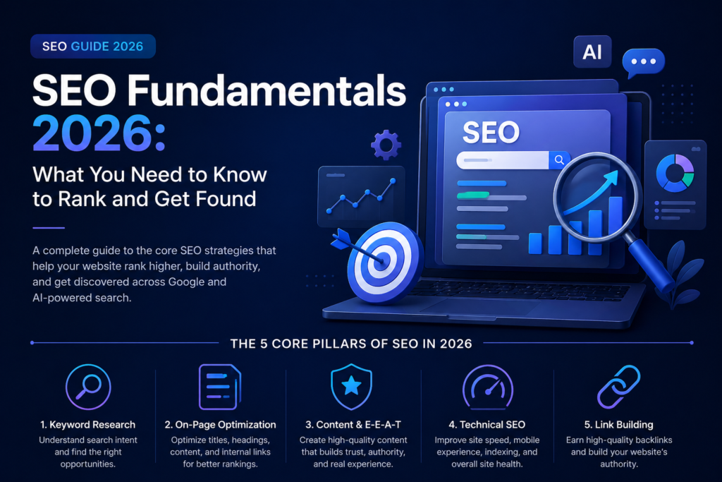 Infographic titled SEO Fundamentals 2026 showing the five core pillars of SEO: Keyword Research, On-Page Optimization, Content and E-E-A-T, Technical SEO, and Link Building, displayed on a dark blue background with 3D SEO icons and analytics graphics.
