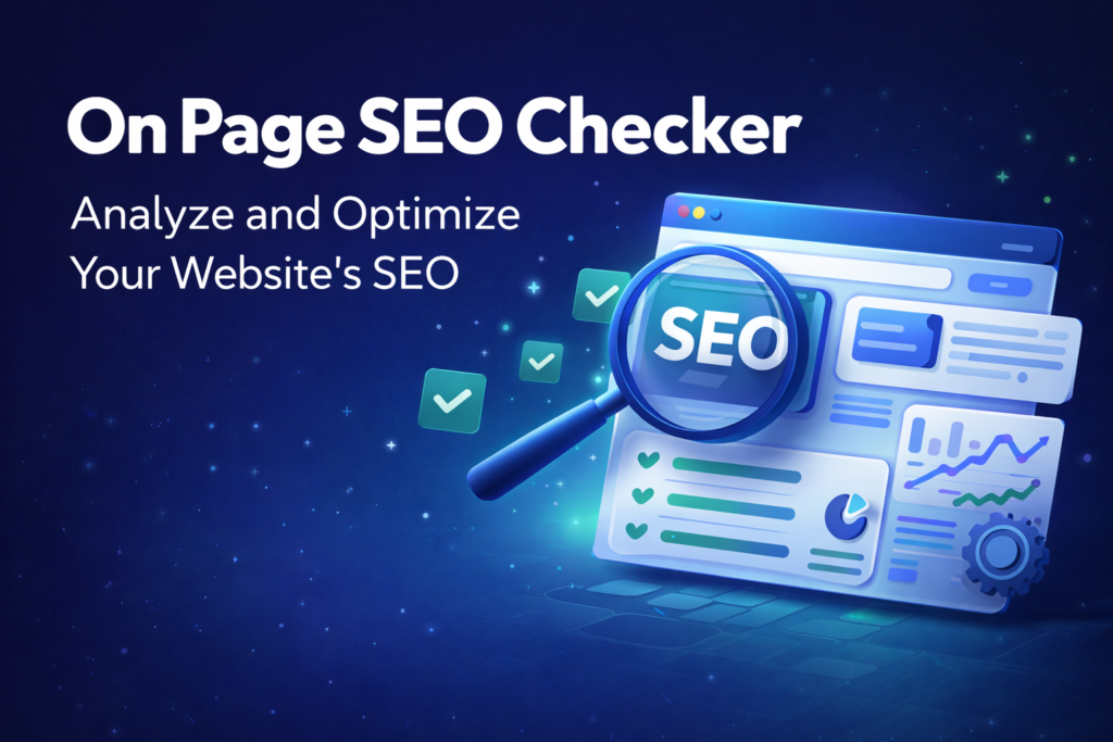 On page SEO checker analyzing website SEO elements like keywords, meta tags, and content optimization