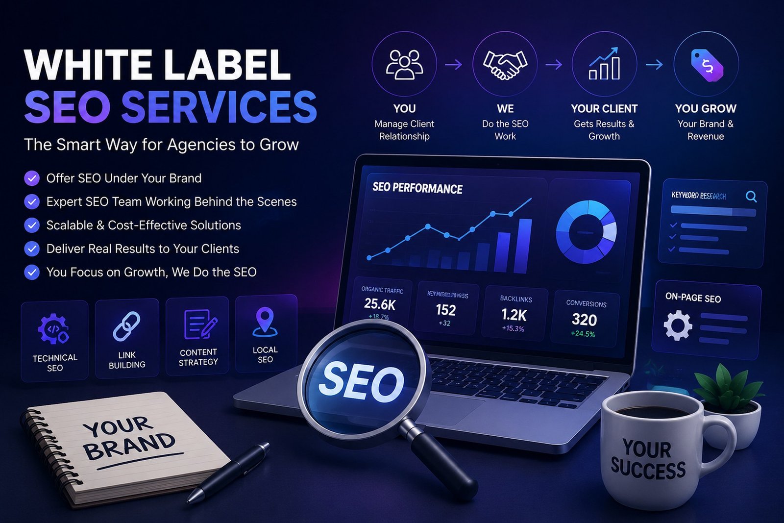 Modern white label SEO services banner showing SEO analytics dashboard, laptop, keyword research, link building, and digital marketing growth concept with dark futuristic design.