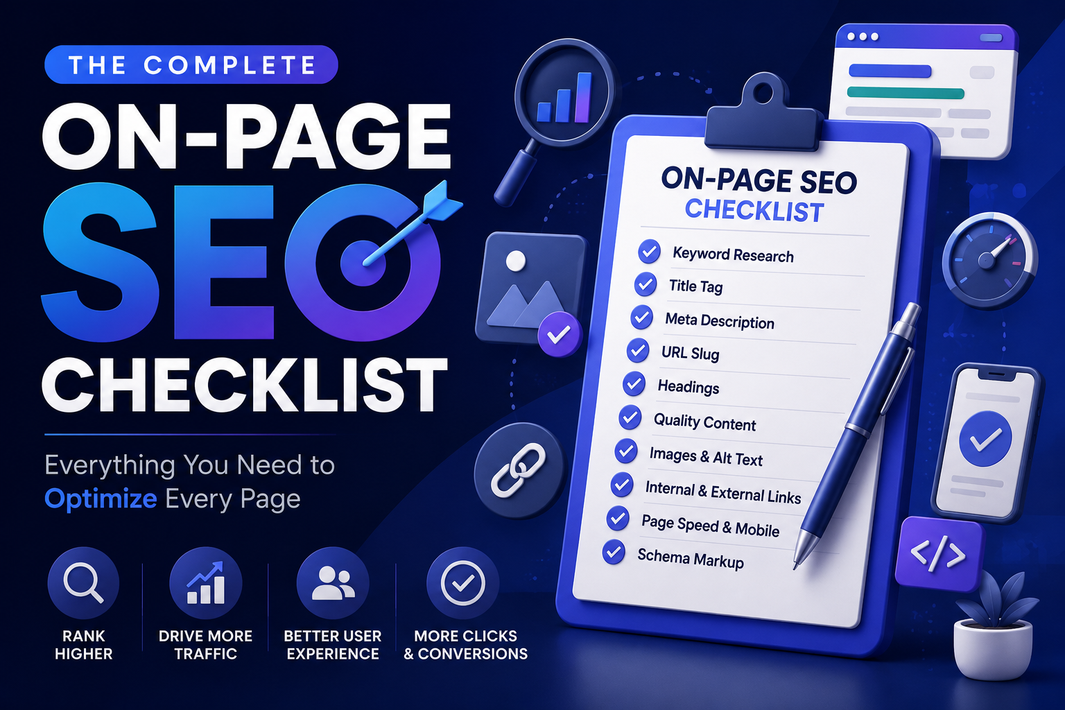 On-Page SEO Checklist illustration showing website optimization elements including title tags, meta descriptions, keywords, headings, internal links, and page speed on a modern blue digital background.
