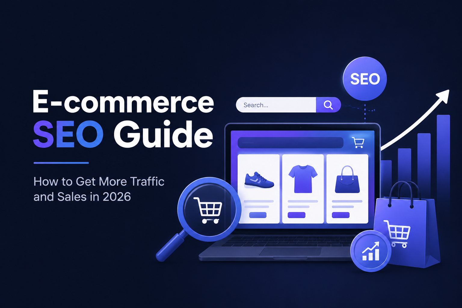 E-commerce SEO illustration showing an online store, SEO optimization, search visibility, and increasing sales through organic traffic growth.