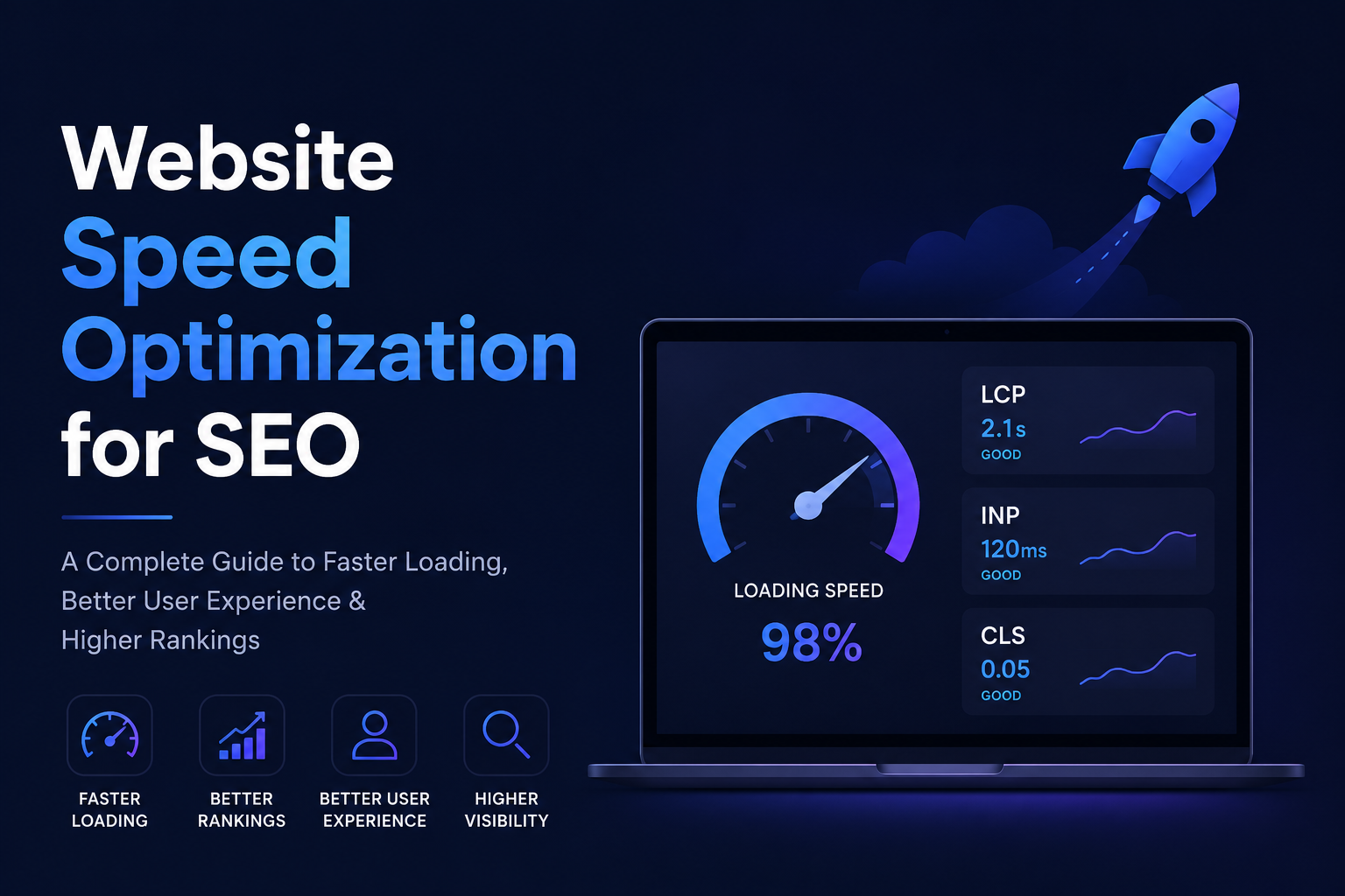 Website speed optimization for SEO featuring a fast-loading website dashboard, performance metrics, and Core Web Vitals improvements.
