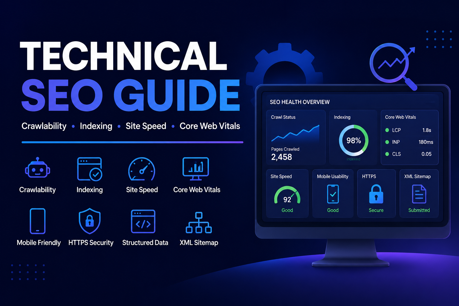 Technical SEO dashboard showing crawlability, indexing, site speed, Core Web Vitals, HTTPS security, XML sitemap, and website optimization metrics.