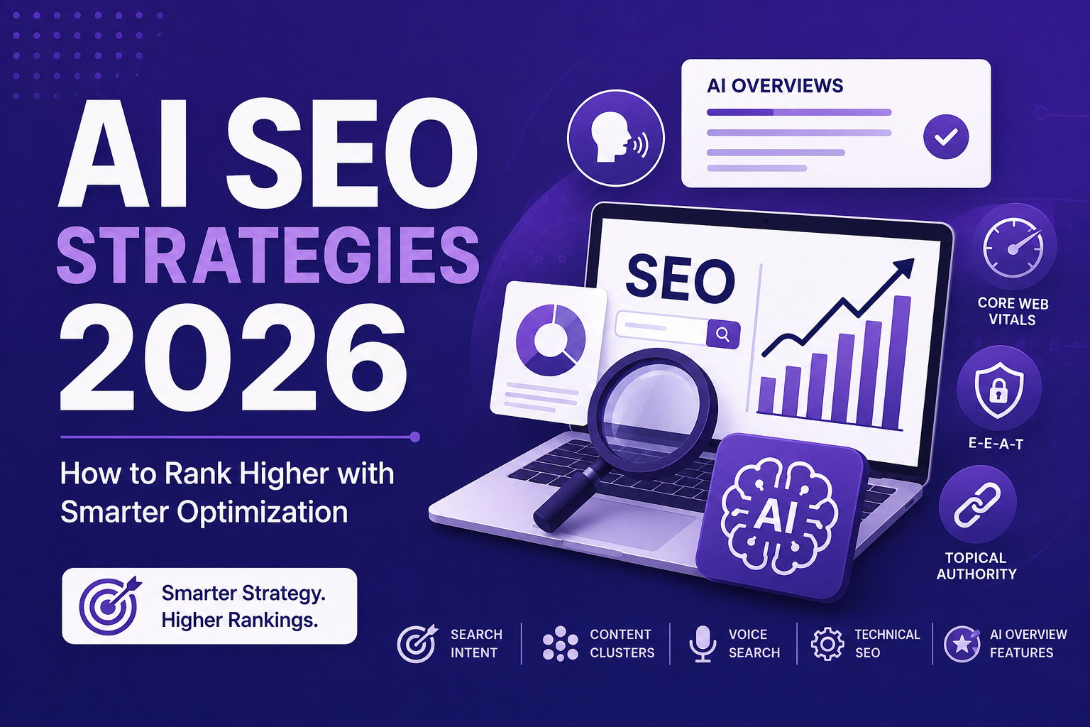 AI SEO Strategies 2026 feature image showing AI-powered SEO optimization, search rankings dashboard, AI Overviews, Core Web Vitals, topical authority, and content clustering concepts.