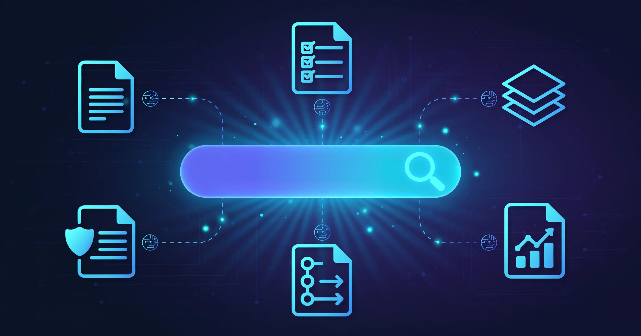 A modern flat vector illustration showing how search engines work, with a glowing search bar in the center connected to web page icons via dashed lines, symbolizing crawling, indexing and ranking on a deep navy background.