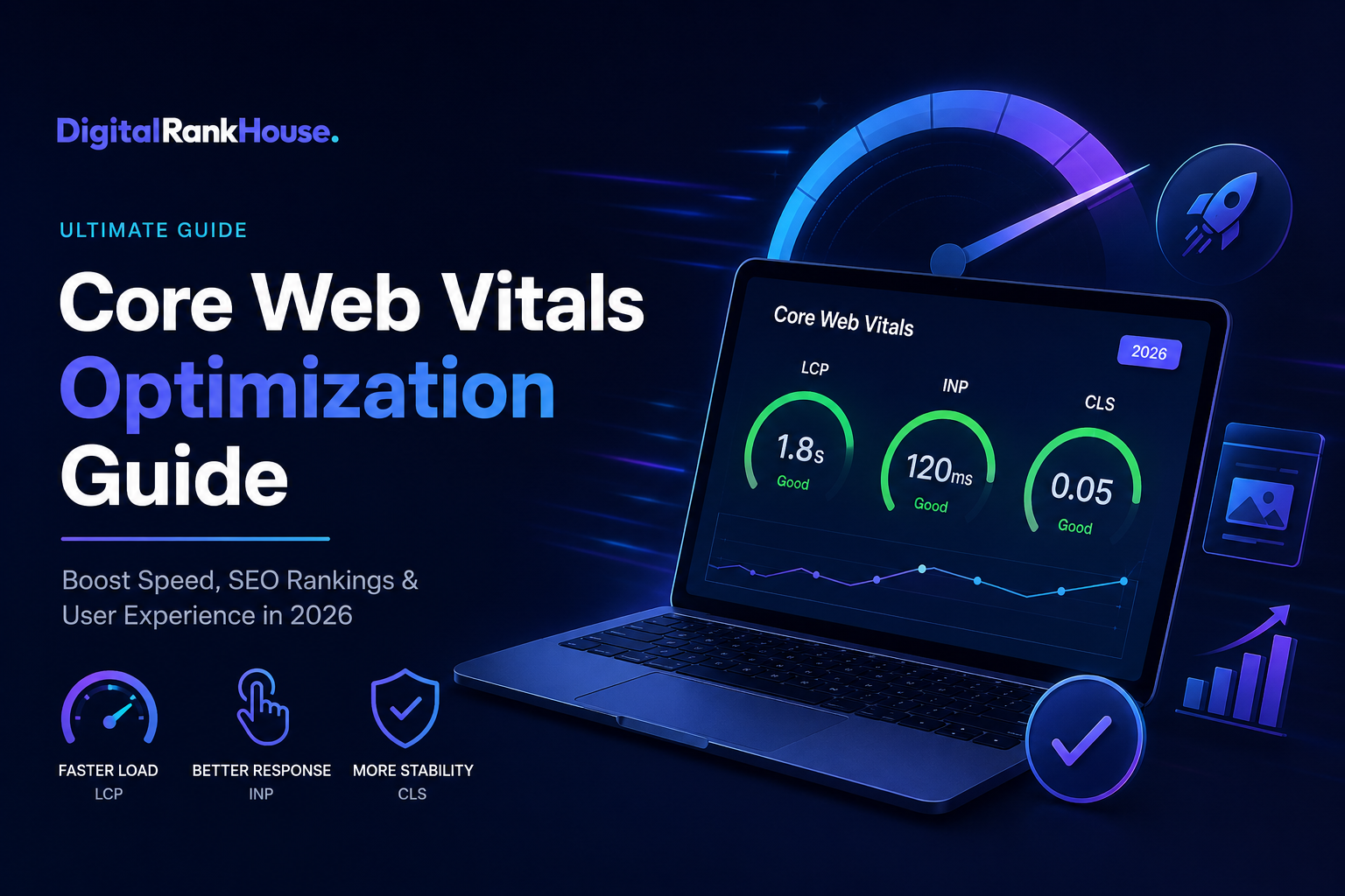 Core Web Vitals Optimization Guide showing LCP, INP, and CLS performance metrics on a laptop dashboard for website speed optimization and SEO.