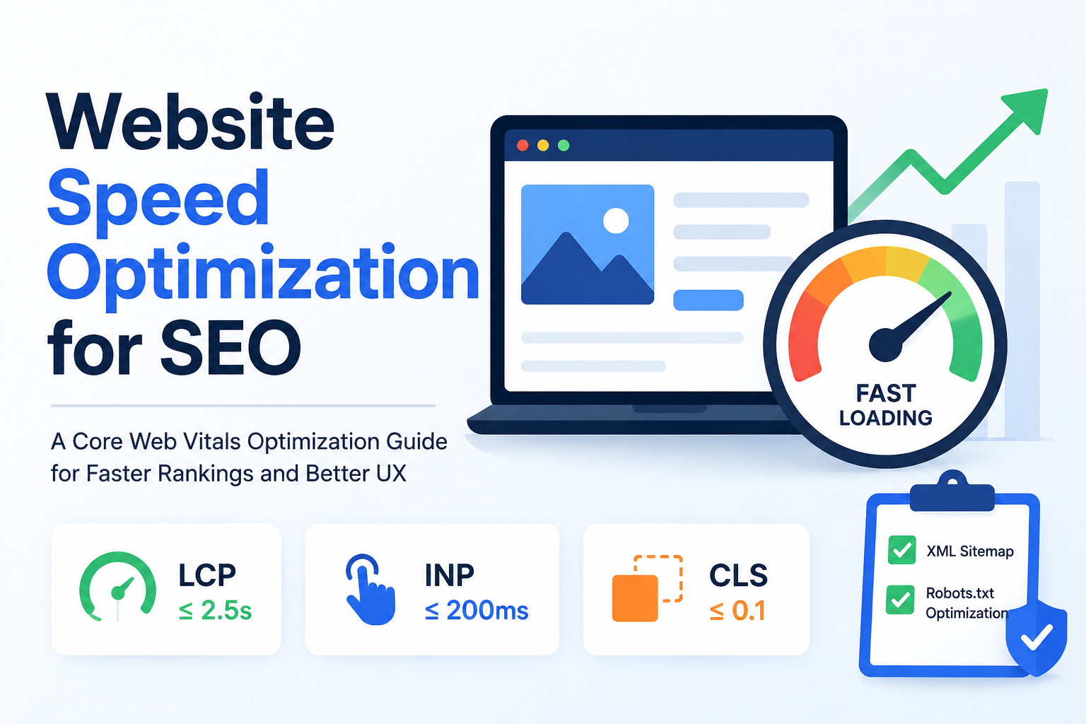 Illustration showing website speed optimization for SEO with Core Web Vitals metrics including LCP, INP, CLS, fast loading dashboard, XML sitemap, and robots.txt optimization.