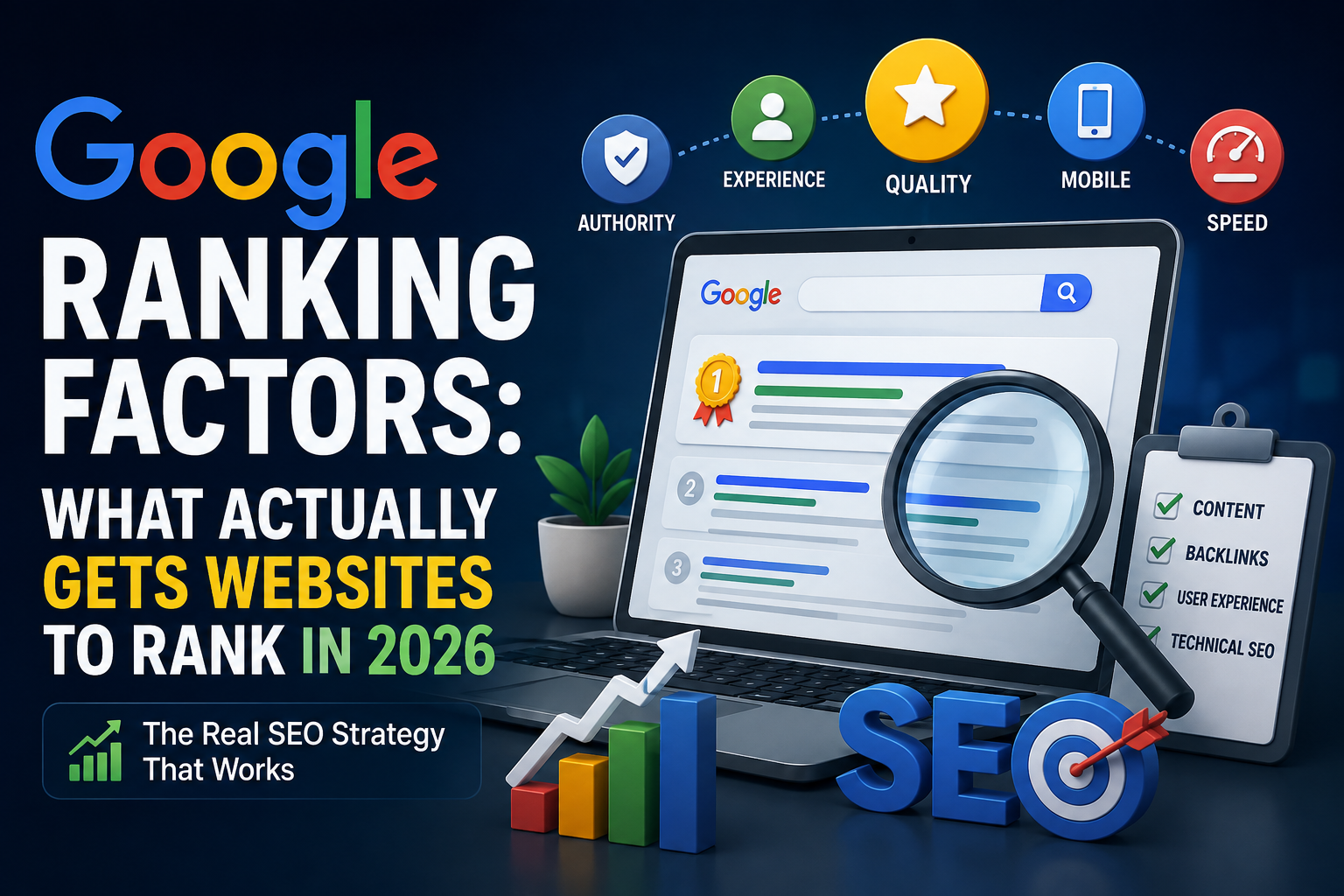 Google ranking factors for 2026 showing SEO elements including content quality, backlinks, user experience, technical SEO, mobile optimization, and website speed.